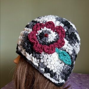 Handmade Multicolor Crochet Beanie with Burgundy Flower Accent